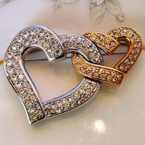 Vtg SWAROVSKI Swan Logo Signed Double Heart Two Tone Pave Crystal Brooch